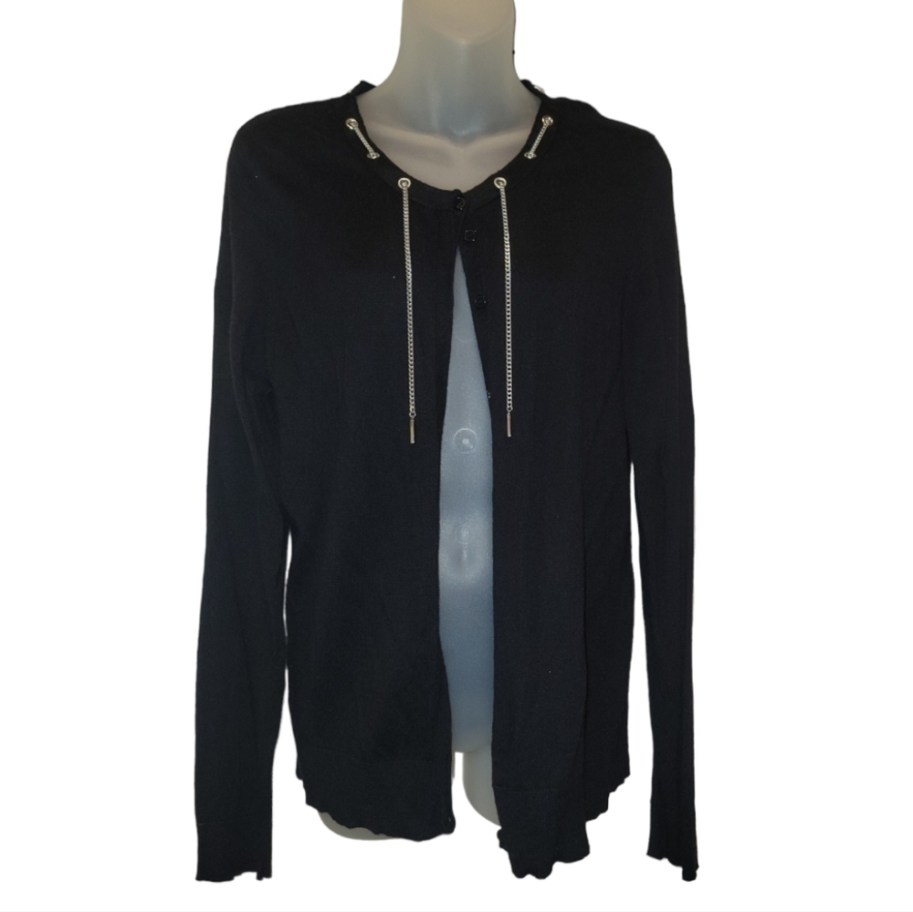 7th AVE DESIGN STUDIO; Women's Black Button Front Cardigan with Neck Cha…